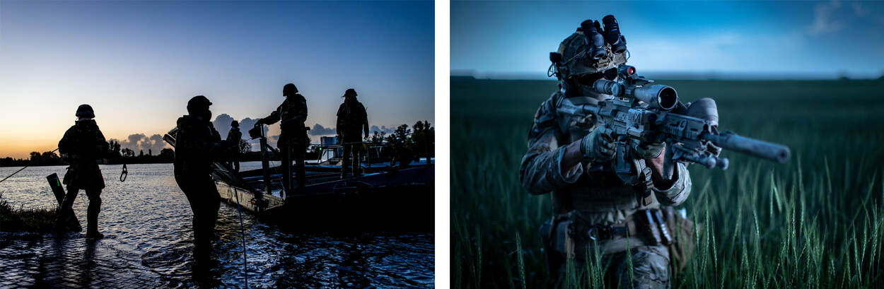 Duofoto. Op de foto links: genisten die bij het krieken van de dag oefenen met het aanleggen van een brug op het water. Op de foto rechts: een commando loopt met zijn lange wapen gericht door het veld, bij het invallen van de duisternis.